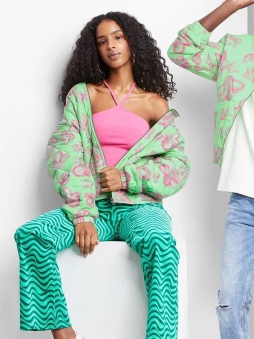 Wild fable Mint Quilted Hooded Puffer with Pink Floral Print